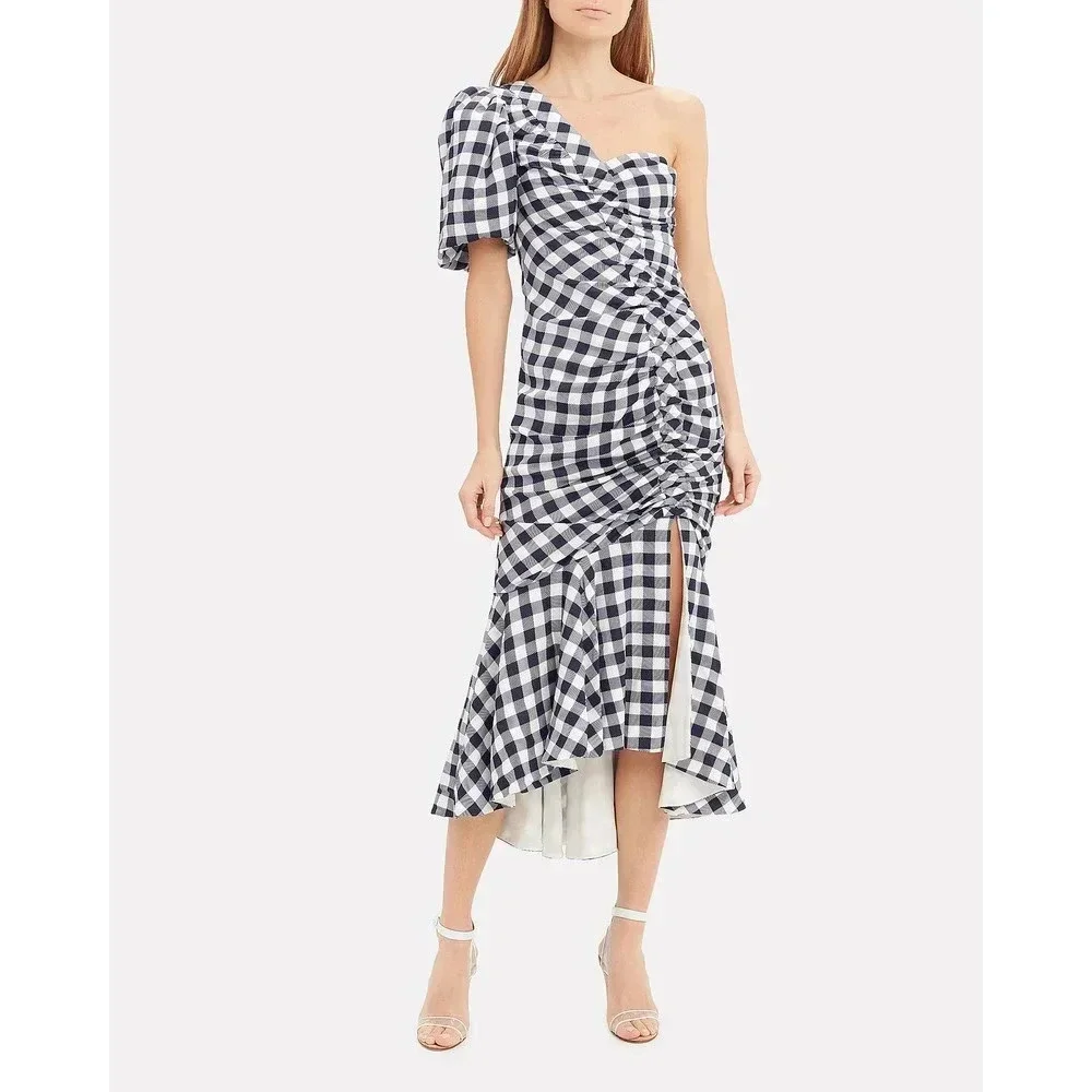Jonathan Simkhai Lux Twill One-Shoulder Gingham Dress Navy Size 8 - Picture 2 of 10